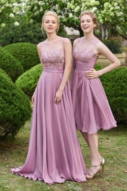 A-Line Lace Chiffon Illusion Neckline Long Wedding Guest Dresses Bridesmaid Dresses 3010219