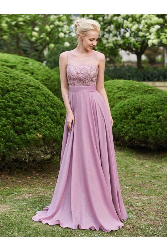 A-Line Lace Chiffon Illusion Neckline Long Wedding Guest Dresses Bridesmaid Dresses 3010219