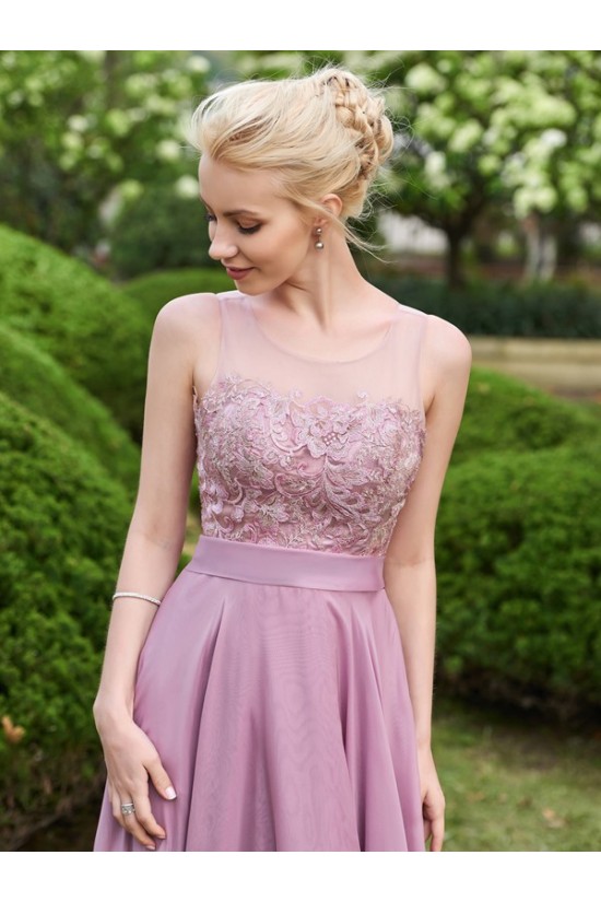A-Line Lace Chiffon Illusion Neckline Long Wedding Guest Dresses Bridesmaid Dresses 3010219
