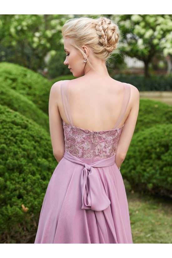A-Line Lace Chiffon Illusion Neckline Long Wedding Guest Dresses Bridesmaid Dresses 3010219