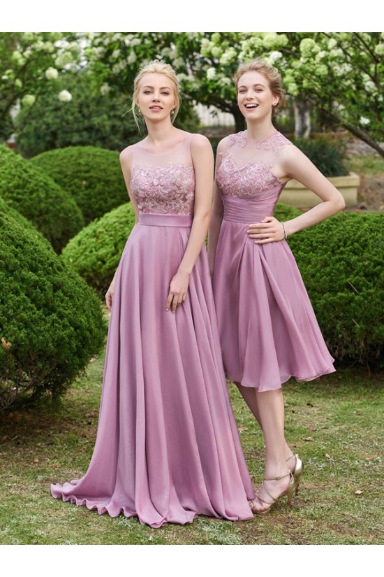 A-Line Lace Chiffon Illusion Neckline Long Wedding Guest Dresses Bridesmaid Dresses 3010219
