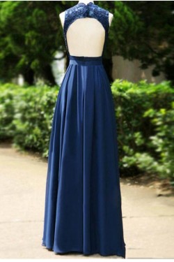 A-Line V-Neck Lace Chiffon Long Blue Open Back Wedding Guest Dresses Bridesmaid Dresses 3010225