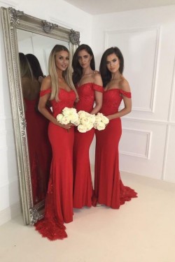 Mermaid Off-the-Shoulder Long Red Lace Wedding Guest Dresses Bridesmaid Dresses 3010228
