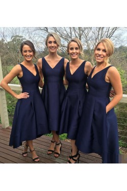 High Low V-Neck Navy Wedding Guest Dresses Bridesmaid Dresses 3010231