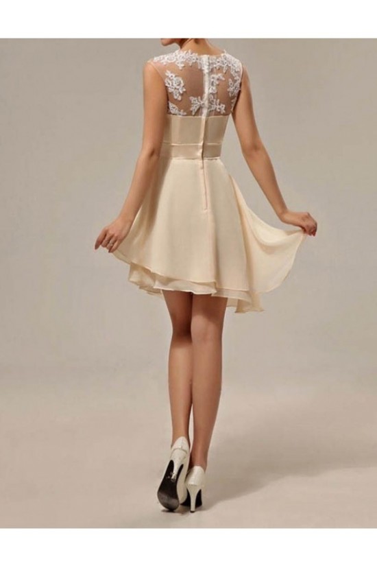 A-Line Illusion Neckline Lace Chiffon Short Wedding Guest Dresses Bridesmaid Dresses 3010238