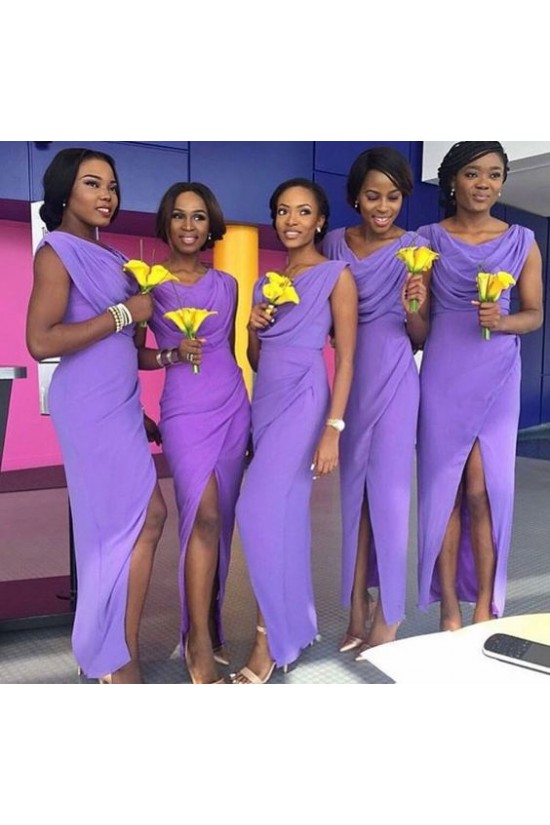 Sheath Purple Front Slit Long Wedding Guest Dresses Bridesmaid Dresses 3010241