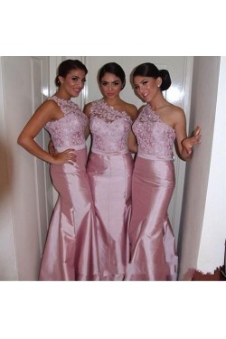 Mermaid One-Shoulder Lace Taffeta Long Pink Wedding Guest Dresses Bridesmaid Dresses 3010243