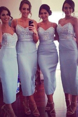 Tea Length Spaghetti Straps Wedding Guest Dresses Bridesmaid Dresses 3010246