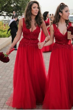 Long Red V-Neck Lace Wedding Guest Dresses Bridesmaid Dresses 3010253