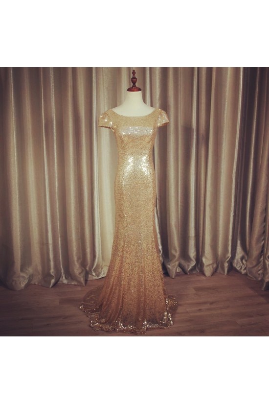 Mermaid Sequins Cap Sleeves Gold Wedding Guest Dresses Bridesmaid Dresses 3010264