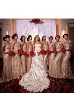 Mermaid Sequins Cap Sleeves Gold Wedding Guest Dresses Bridesmaid Dresses 3010264