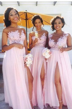 Long Pink Lace Appliques Chiffon Wedding Guest Dresses Bridesmaid Dresses 3010267