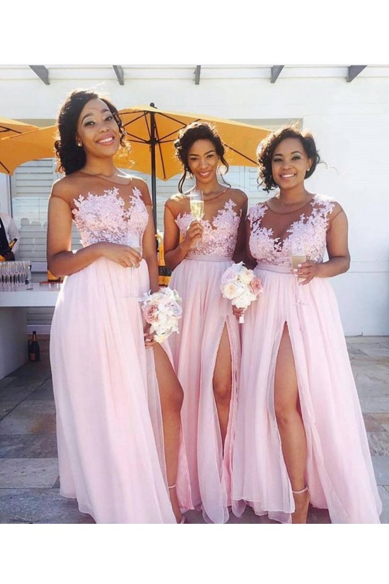 Long Pink Lace Appliques Chiffon Wedding Guest Dresses Bridesmaid Dresses 3010267