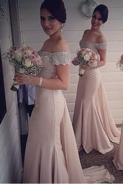 Trumpet/Mermaid Off-the-Shoulder Beaded Long Bridesmaid Dresses 3010272