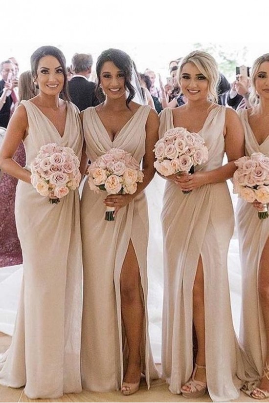 Simple Sheath/Column V-Neck Floor-Length Bridesmaid Dresses 3010274