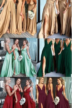 A-Line Floor Length V-Neck Long Bridesmaid Dresses with Slit 3010275