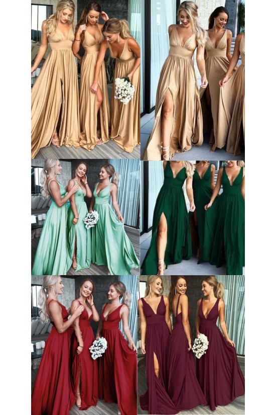 A-Line Floor Length V-Neck Long Bridesmaid Dresses with Slit 3010275