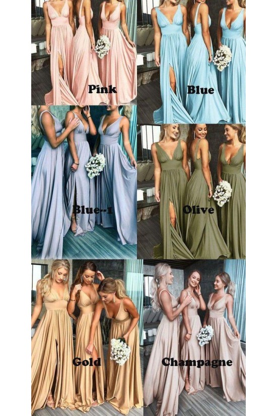 A-Line Floor Length V-Neck Long Bridesmaid Dresses with Slit 3010275