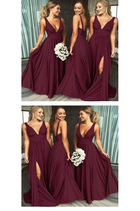 A-Line Floor Length V-Neck Long Bridesmaid Dresses with Slit 3010275