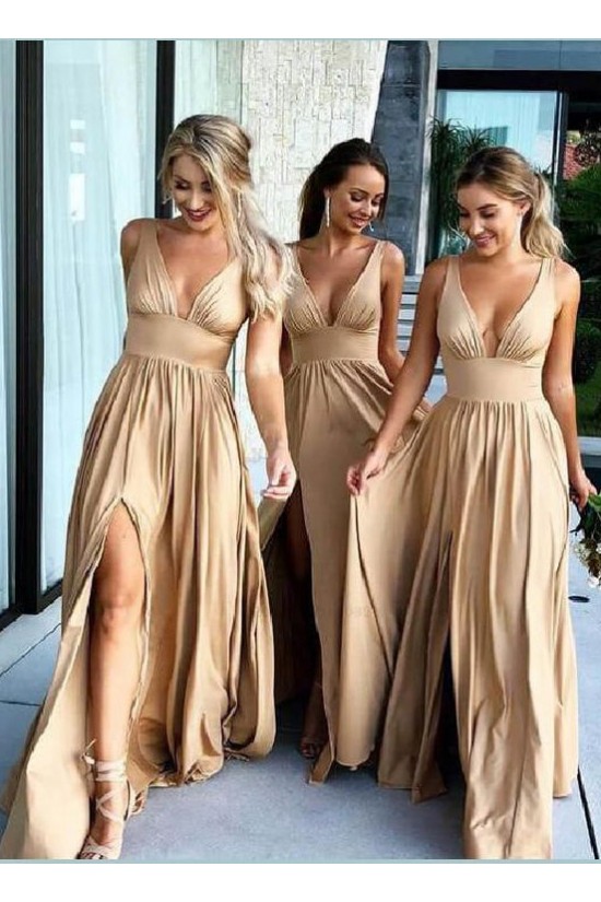 A-Line Floor Length V-Neck Long Bridesmaid Dresses with Slit 3010275