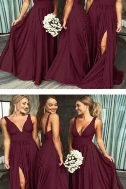 A-Line Floor Length V-Neck Long Bridesmaid Dresses with Slit 3010276
