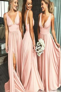 A-Line Floor Length V-Neck Long Pink Bridesmaid Dresses with Slit 3010277