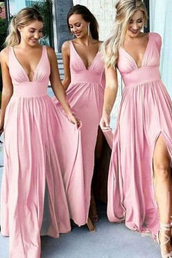 A-Line Floor Length V-Neck Long Pink Bridesmaid Dresses with Slit 3010277
