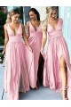 A-Line Floor Length V-Neck Long Pink Bridesmaid Dresses with Slit 3010277