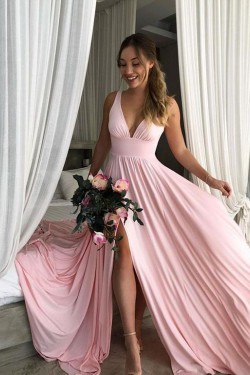 A-Line Floor Length V-Neck Long Pink Bridesmaid Dresses with Slit 3010278