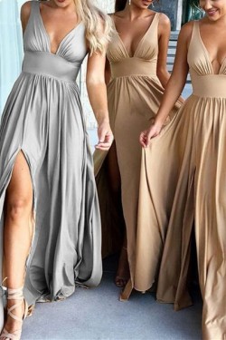 A-Line Floor Length V-Neck Long Bridesmaid Dresses with Slit 3010280