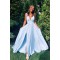 A-Line Floor Length V-Neck Long Blue Bridesmaid Dresses with Slit 3010281