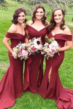 Mermaid Off-the-Shoulder Long Bridesmaid Dresses with Slit 3010283