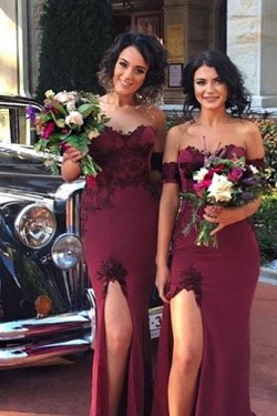 Mermaid Off-the-Shoulder Lace Long Bridesmaid Dresses with Slit 3010285