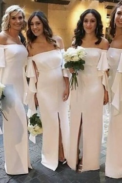 Long White Off-the-Shoulder Bridesmaid Dresses with Slit 3010286