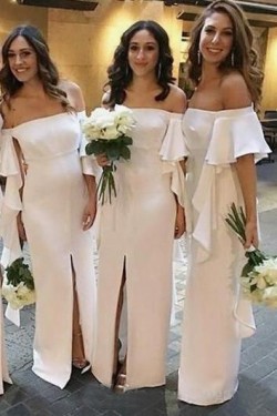 Long White Off-the-Shoulder Bridesmaid Dresses with Slit 3010286