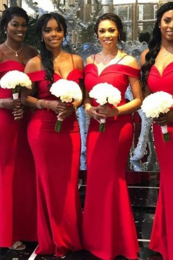 Mermaid Spaghetti Straps Long Red Bridesmaid Dresses with Slit 3010291