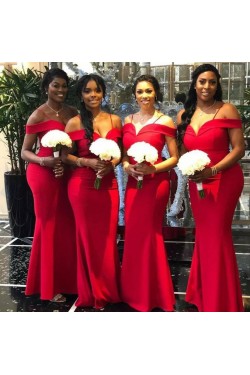 Mermaid Spaghetti Straps Long Red Bridesmaid Dresses with Slit 3010291