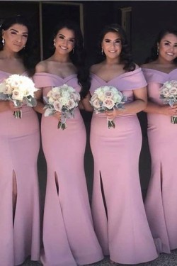 Mermaid Off-the-Shoulder Long Bridesmaid Dresses with Slit 3010292