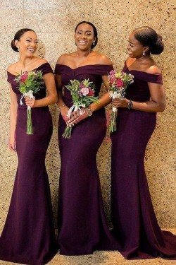 Elegant Mermaid Off-the-Shoulder Long Grape Bridesmaid Dresses 3010296