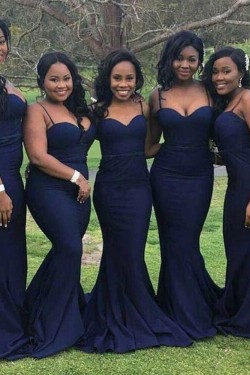 Mermaid Spaghetti Straps Navy Blue Long Bridesmaid Dresses 3010305