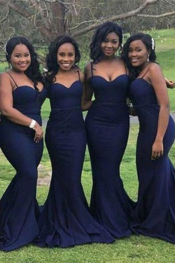 Mermaid Spaghetti Straps Navy Blue Long Bridesmaid Dresses 3010305