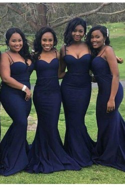 Mermaid Spaghetti Straps Navy Blue Long Bridesmaid Dresses 3010305