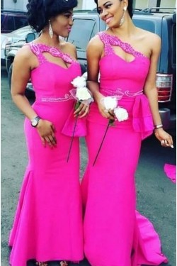 Mermaid One-Shoulder Beaded Long Bridesmaid Dresses 3010310