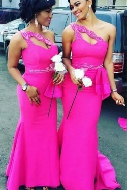 Mermaid One-Shoulder Beaded Long Bridesmaid Dresses 3010310