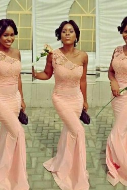 Mermaid One-Shoulder Lace Long Bridesmaid Dresses 3010324