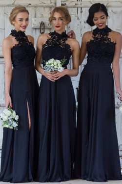 A-Line Lace Navy Blue Long Bridesmaid Dresses 3010325