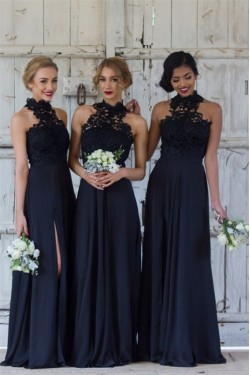 A-Line Lace Navy Blue Long Bridesmaid Dresses 3010325