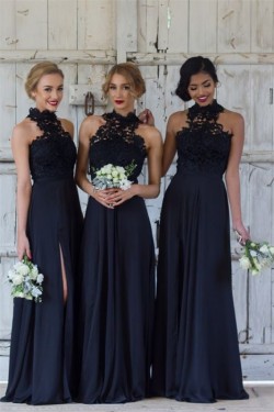 A-Line Lace Navy Blue Long Bridesmaid Dresses 3010325