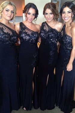 Sheath Off-the-Shoulder Navy Blue Long Bridesmaid Dresses 3010330