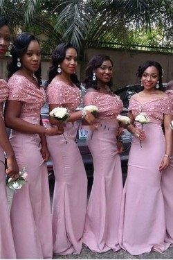 Mermaid Long Pink Lace Off-the-Shoulder Bridesmaid Dresses 3010333